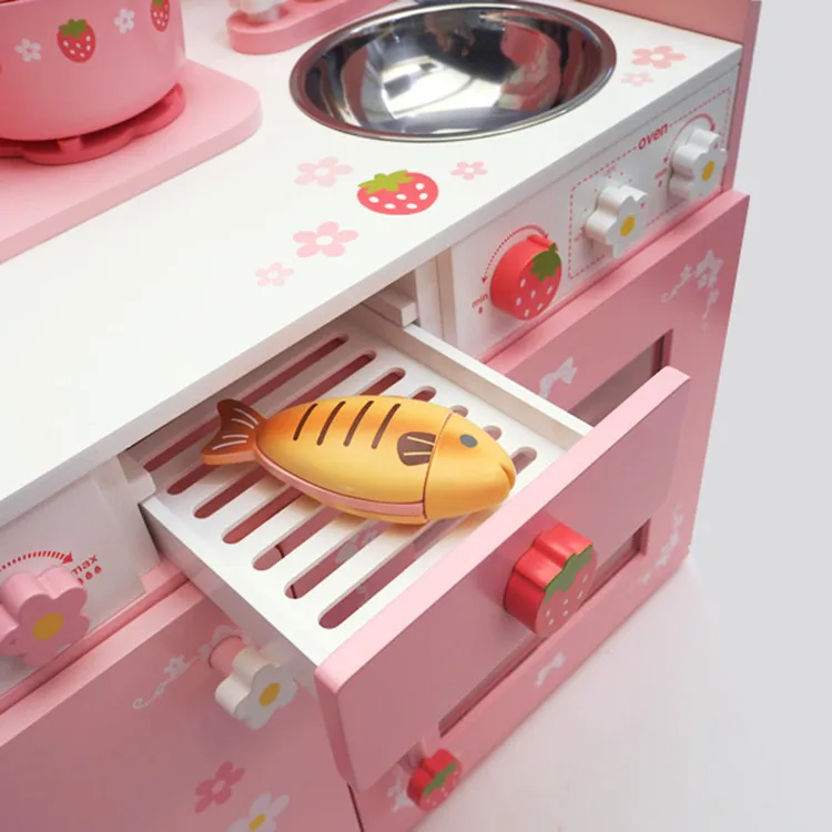 Клубничный игровой дом Моделирование розовое окно кухня плита набор детские развивающие деревянные игрушки для приготовления пищи