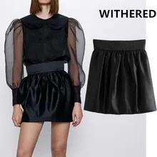 Увядшая элегантная однотонная Атласная блестящая черная мини-юбка в английском стиле для женщин faldas mujer moda пышные сексуальные мини-юбки для женщин