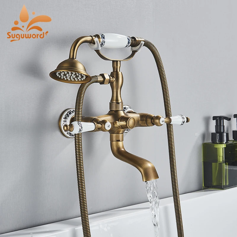 Bathroom Faucet Bathroom Shower Faucet Set Suguword Telephone Shape Bathroom Bathtub Shower Faucet Set Antique Brass Hot and Cold Water Mixer Tap Vintage Style