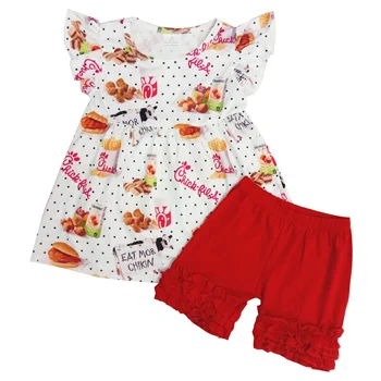 

Baby girl summer 2pcs pearl set fried chicken milk red ruffled shorts