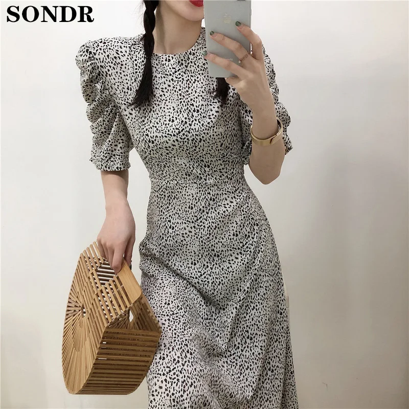 

Vintage Leopard Long Dress Women Chic Korean O Neck Pull Sleeve Chiffon Lady Dresses 2020 Summer New Retro Big Swing Vestidos