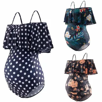 

Maternity Swimwear Summer Solid Flounce Bikinis Off Shoulder One Piece Halter Large Size Swimsuit Pregnant Beachwear Woman Bodys