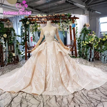 شراءعالية الجودة الفاخرة دبي فستان الزفاف 2019 الكرة ثوب طويل الدانتيل كريستال الأكمام اللؤلؤ التطريز ثوب زفاف العشاء فستان عروس