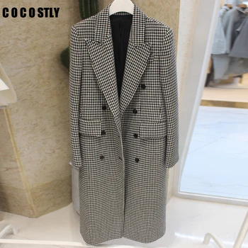 

Autumn Winter Coat Women Plaid Woolen Turn-down Collar Long Sleeve Double Breasted Pockets Medium Long Wool Coat Outwear Blends