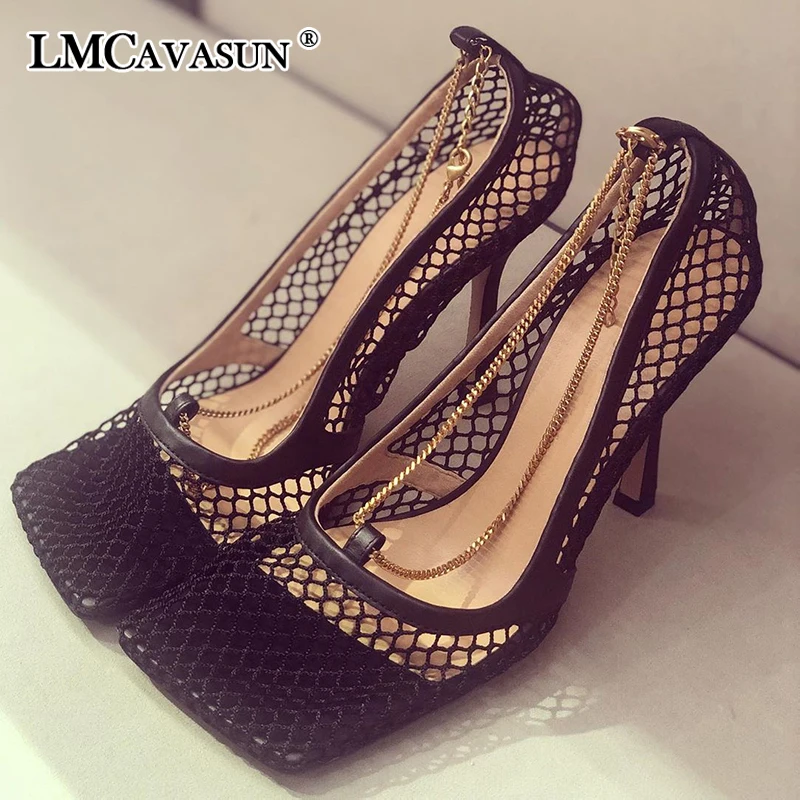 

LMCAVASUN 2019 New Spring Summer Square Toe Shallow Mesh Hollow Out Chains Thin High Heels Sandals Women Fashion Tide