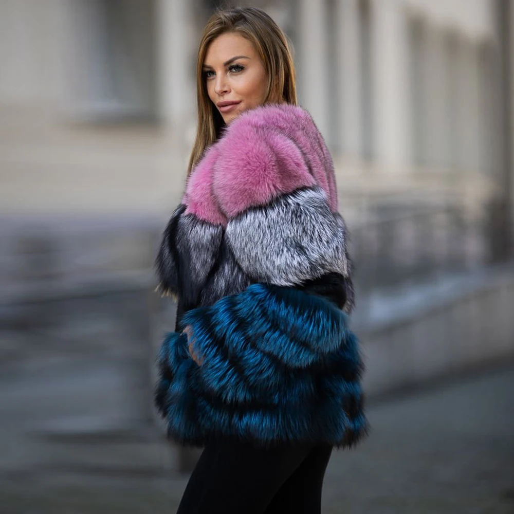 Natural Fox Fur Coat for Women Winter Outwear Fashion Color Patchwork Real Fox Fur Jacket Medium Length Thick Warm Fur Overcoats