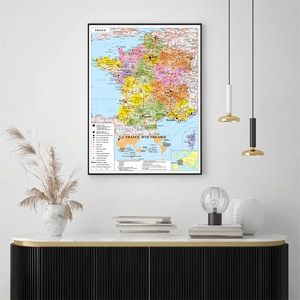 90*90cm Political Map of The France In French Non-woven Canvas Painting  Wall Poster Prints Classroom Home Decor School Supplies