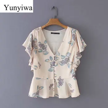 

New Women Elegant V Neck Flower Print Casual Slim Blouse Shirts Women Summer Butterfly Sleeve Chic Blusas Chemise Tops