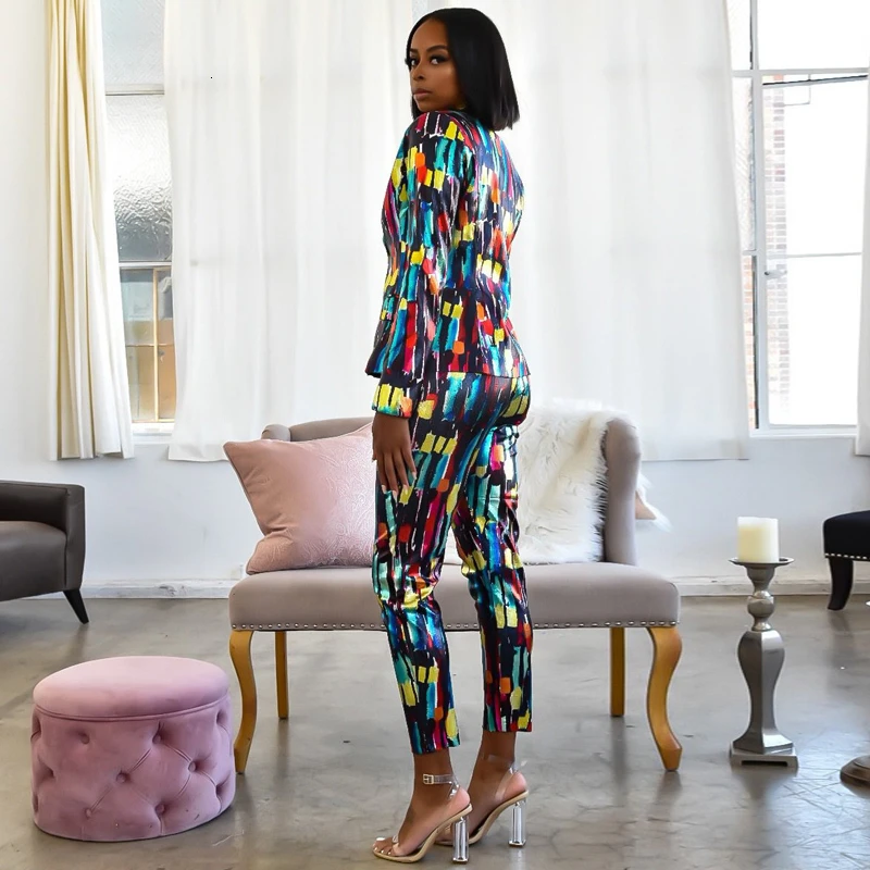 Colorful Print Women Blazer Set Sexy Blazer and Pencil Pants Matching Set Night Club Party 2 Piece Set Autumn Office Lady Outfit Colorful Print Women Blazer Set Sexy Blazer and Pencil Pants Matching Set Night Club Party 2 Piece Set Autumn Office Lady Outfit