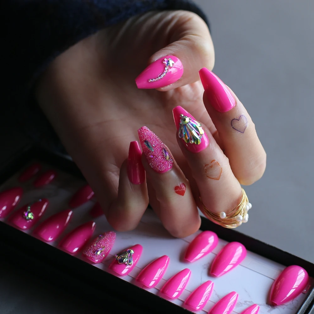 

Pink coffin Fake nails Thumb up design Crystal shape cute flower Best friend, gift bright Press on nails Ballerina Fales nails