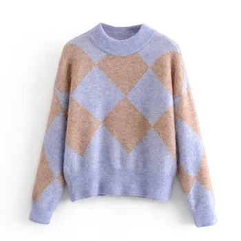

Buona notte Casual Argyle Sweaters Women Fashion O Neck Sweater Women Elegant Long Sleeve Sweaters Female Ladies JL