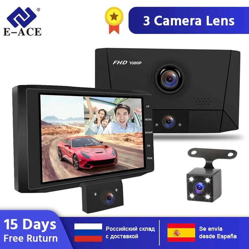 

E-ACE Car Dvr 3 Cameras Lens 4.0 Inch Video Recorder Dash Cam FHD 1080P Auto Registrator With Rearview Camera DVRs Dash Camera