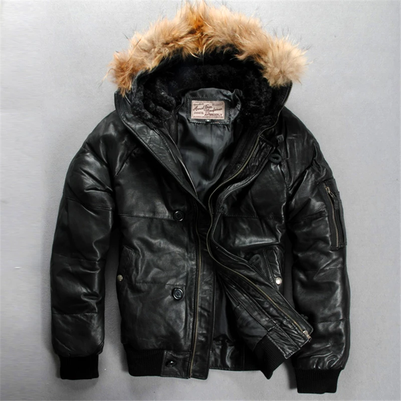 

Men's Genuine Down Warm Sheep Skin Winter Leather Jacket
