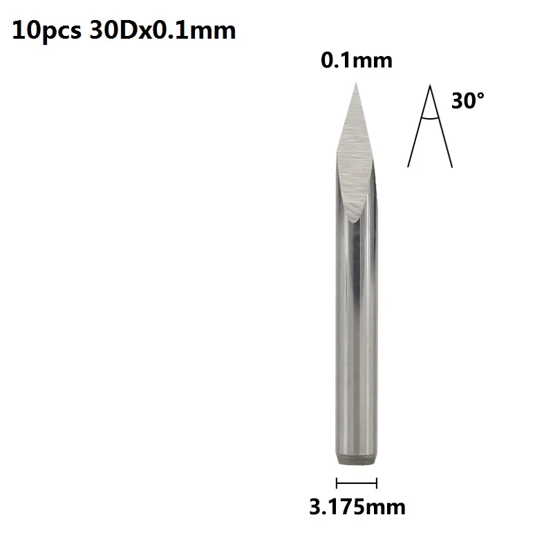 XCAN 10 шт. 20 Вт, 30 Вт/40/45/60/90 градусов наконечник 0,1-0,3mm 3 край пирамидальные гравировальные насадки 3,175 мм Концевая фреза ЧПУ 3D фреза - Cutting Edge Length: 10pcs 30Dx0.1mm
