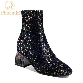 

Phoentin 2020 Autumn Ankle Boots Women's Rhinestone High Heels Genuine Leather Zipper boot Ladies Winter warm Shoes FT1225