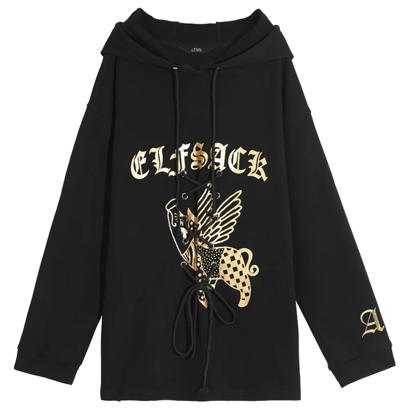 Черный ELFSACK с принтом свинки и букв, повседневные толстовки, свитер для женщин, пуловер, осень, корейская мода, большие размеры, женские толстовки - Цвет: Черный