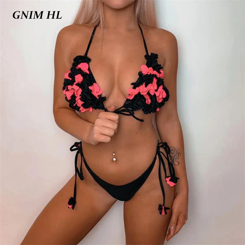 

3D Flower Bikini Swimwear Women 2020 Sexy Bandage Brazilian Swimsuit Female Two Pieces Backless Swim Bathing Suit Biquini New
