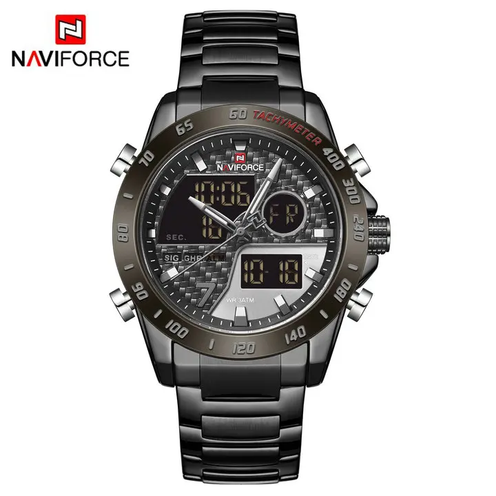 BLACK BLACK NAVIFORCE, военные мужские кварцевые часы с двойным временем, лучший бренд, роскошные многофункциональные аналоговые цифровые часы с ЖК-дисплеем, мужские водонепроницаемые часы - Цвет: BLACK BLACK