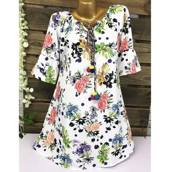 

S-5XL Spring Women Fleece Ball Decorative Floral Half Sleeve Loose Plus Size Short Dress
