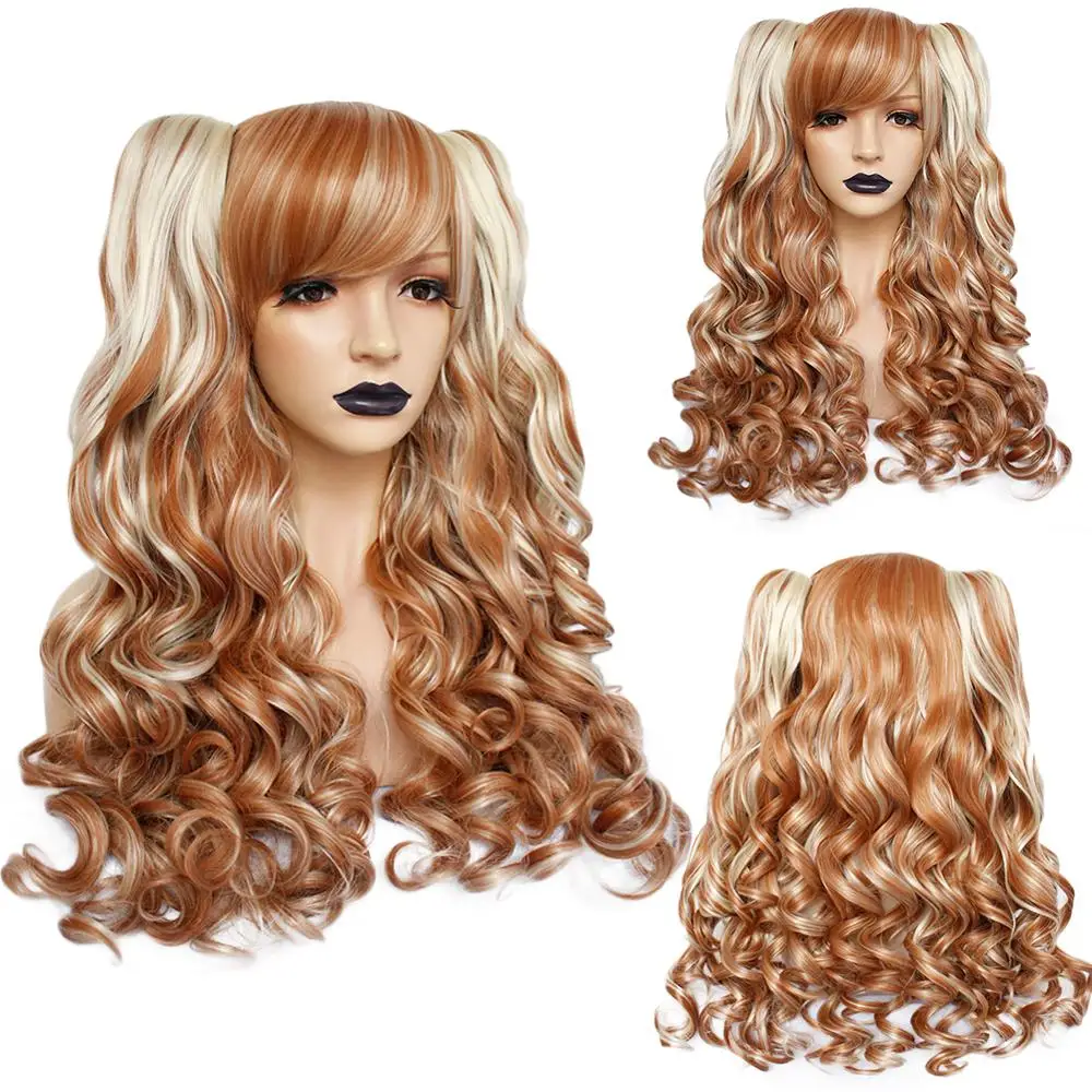 ANOGOL Long Body Wave Pink Lolita high temperature fiber brown Red Black Blonde Multi-color Synthetic Cosplay Wigs 2 Ponytails