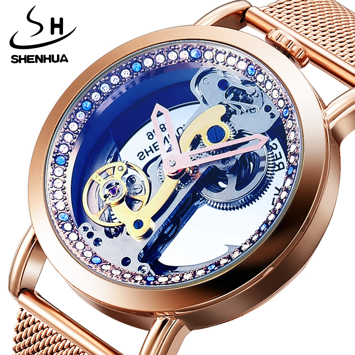 SHENHUA Hollow Diamond Rose Gold Automatic Waterproof Stainless Steel Ladies Mechanical Mesh Belt Women Watch Senhoras Assistir high quality fashion ladies belt leather new automatic buckle leather belt hottie personality versatile trend pants belt a2517