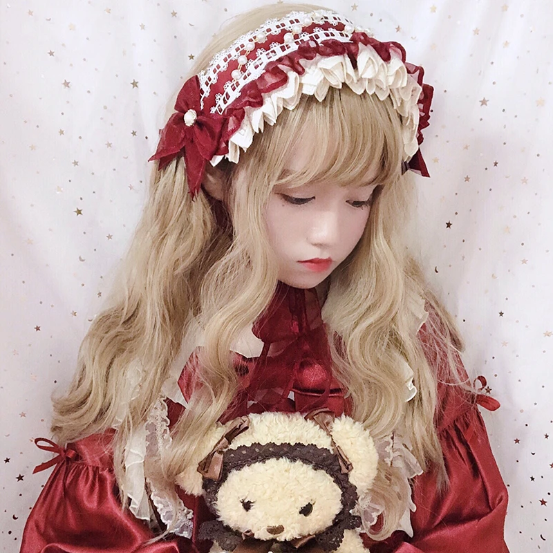Antique Doll Bnt Wine Red Pink Black Lolita Princess Chiffon Hairband Cosplay Soft Girl Cute Bow Lace Hair Band Headwear Boys Costume Accessories Aliexpress