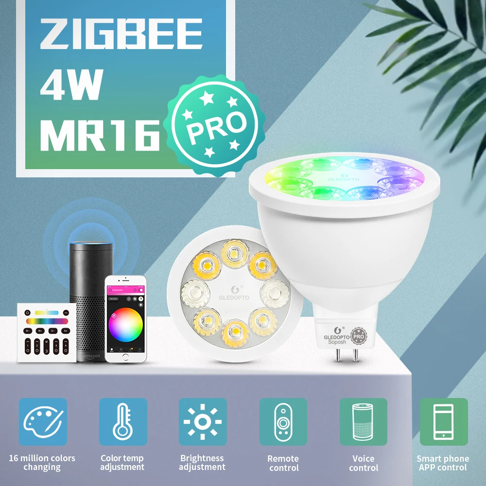 

GLEDOPTO ZigBee 3.0 Smart RGBCCT MR16 LED 12V Dimming Spot Light 4W Bulb Tuya APP RF Remote Control Work with Alexa