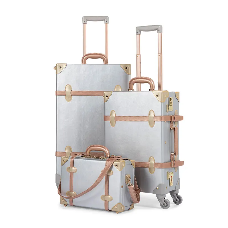 COTRUNKAGE комплект из 3 предметов серебряные ретро чемодан из ПУ-кожи, комплект 1" 20" 2" Для женщин багажник винтажные чемоданы девочек Розовый школьный сумка багажные наборы - Цвет: Silver