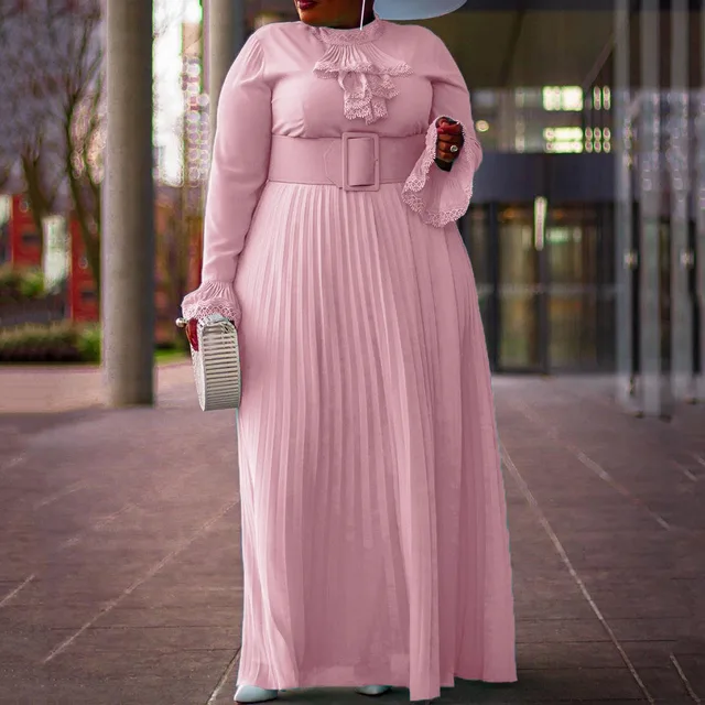 Long Sleeve Maxi Pleated Dress Women 
