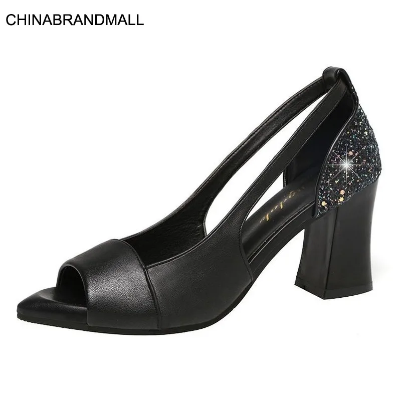 

Fashion Thick with Single Shoes 2020 Autumn New Fish Mouth Single Shoes Sexy High Heels Temperament Elegant Sequins Womens Shoes