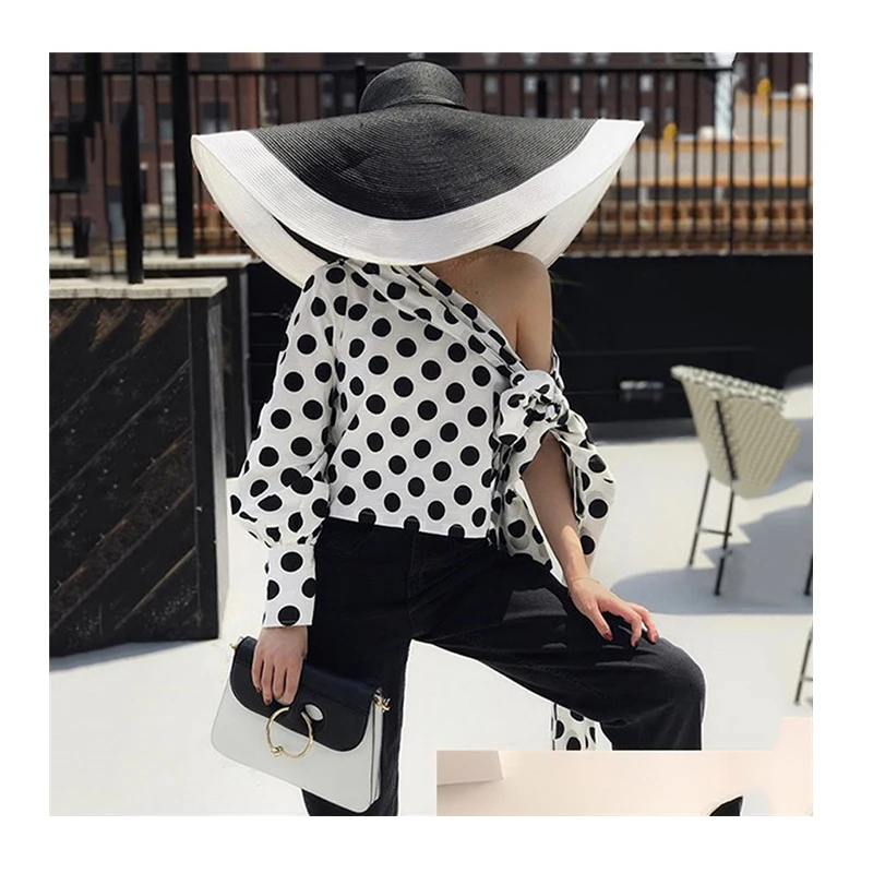 

AEL One Shoulder Polka Dot Print Irregular Tops Lace Up Long Sleeve Skew Collar Female Sexy Blouse Fashion Autumn 2019