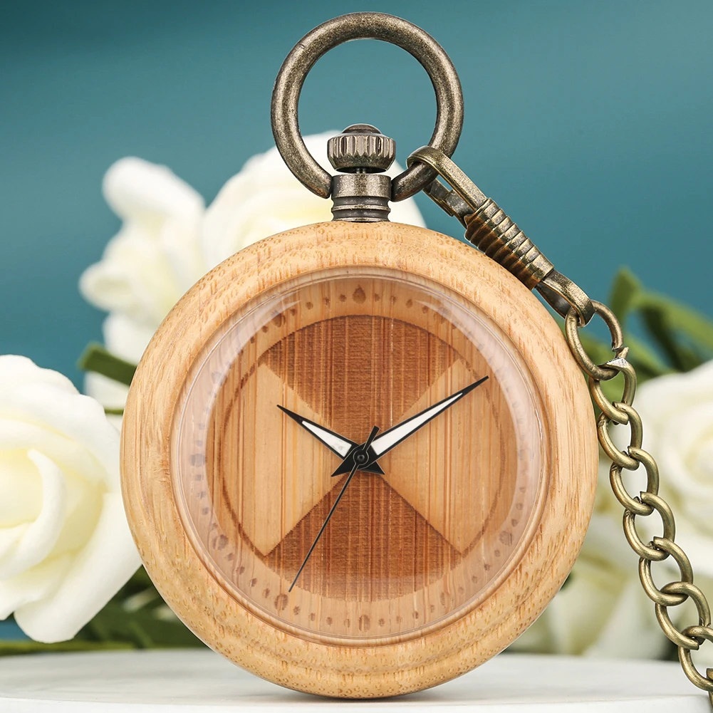 

Quartz Pocket Watch Lightweight Luminous Dial Wooden Pocket Watch Analog Display Hanging Broze Chain Pendant Clock Men Women