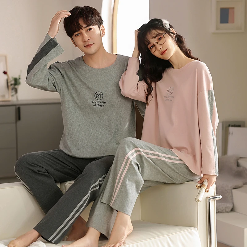 

New Sleepwear Couple Men and Women Matching Home Suits 100% Cotton Leisure Nightwear Pajamas for Autumn And Winter