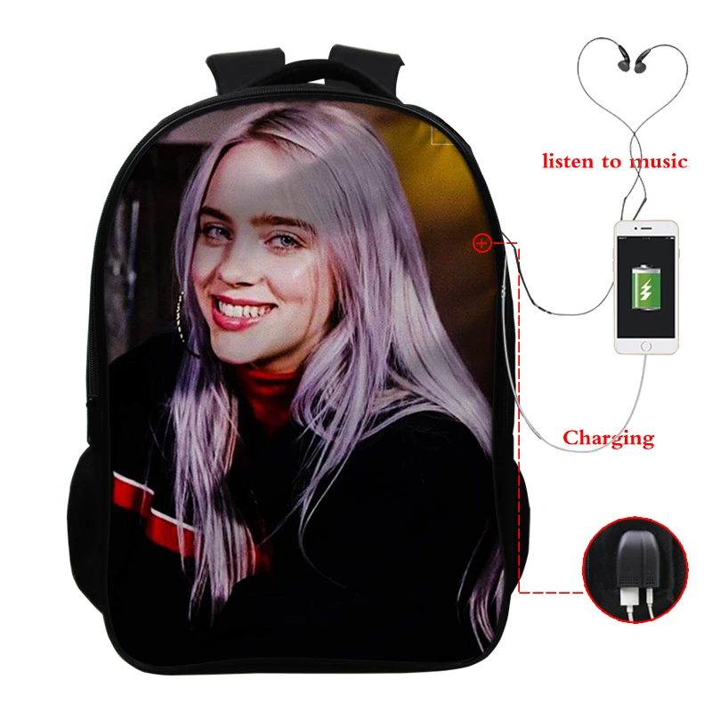 Sac Dos Mochila Billie Eilish рюкзаки для школы подростков девочек Книга сумка 3D печать usb зарядка 16 дюймов ноутбук plecak