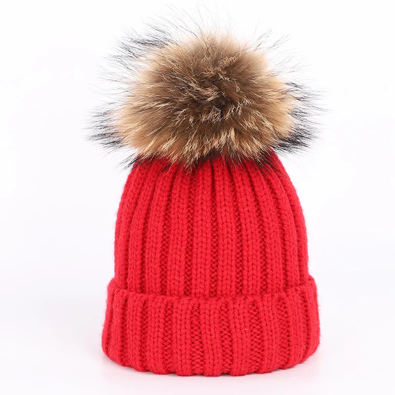 Red-2 New Fashion Ladies Raccoon Fur Pompom Knit Beanies Hat Scarf Sets Female Soft Cap Scarves Winter Warm Women Cotton bonnet - Цвет: Red-2