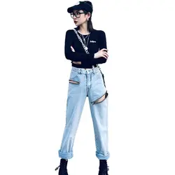 QING MO женские дырявые джинсы 2019 женские повседневные стильные джинсы с высокой талией длинные брюки индивидуальность ZQY1845