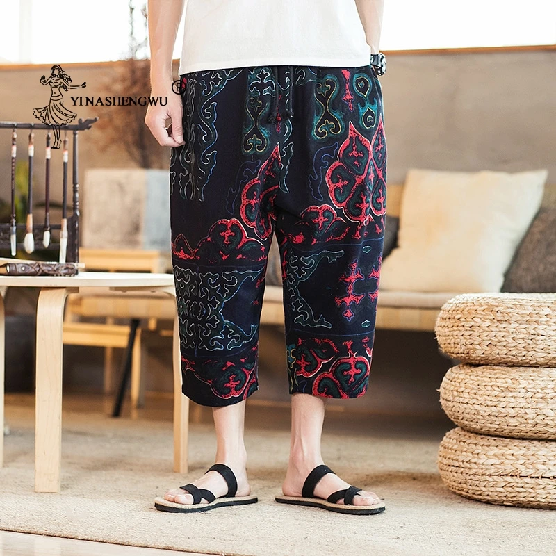 

Asian Clothes Summer Men Seven-Points Pants Wide Leg Japanese Style Harajuku Print Casual Loose Trousers Thin Kimono Pants