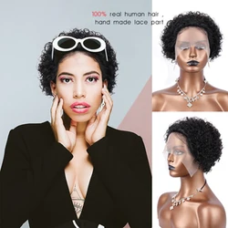 100% Real Remy Human Hair Wig Black Short afro curly Costume Lace Front Wig for women 8 inch
