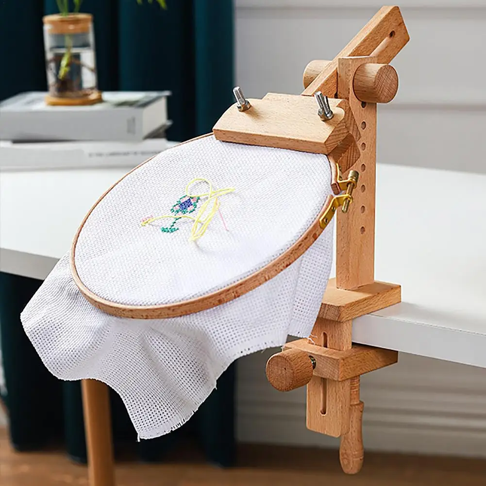Adjustable Cross Stitch Frame Stand Embroidery Frame Small Solid Wood Adjustable Height Stand Table 360 Degree Rotation Desktop Embroidery Stand Pine Material Side Gadget Pocket 