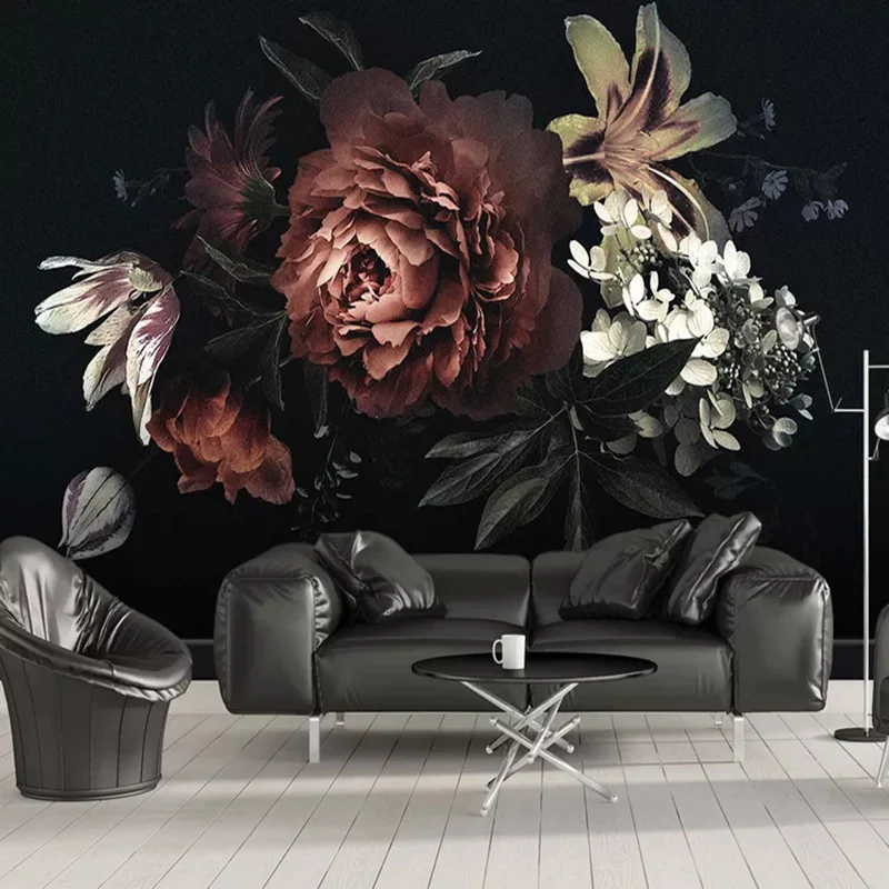 

Drop Shipping Custom Any Size 3D Wall Mural Wallpaper Modern Black Hand Painted Flowers Photo Wall Paper For Background