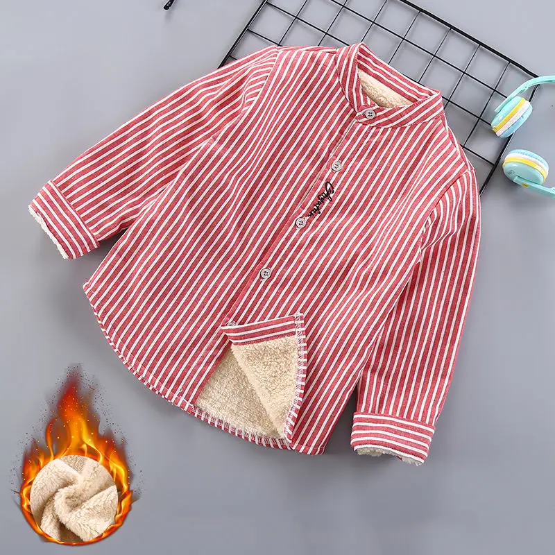 

2019 New Fashion Children Shirts Boys Winter Warm Shirts Kids Striped Tops Long Sleeved Clothing Plush Thicken Baby Clothes