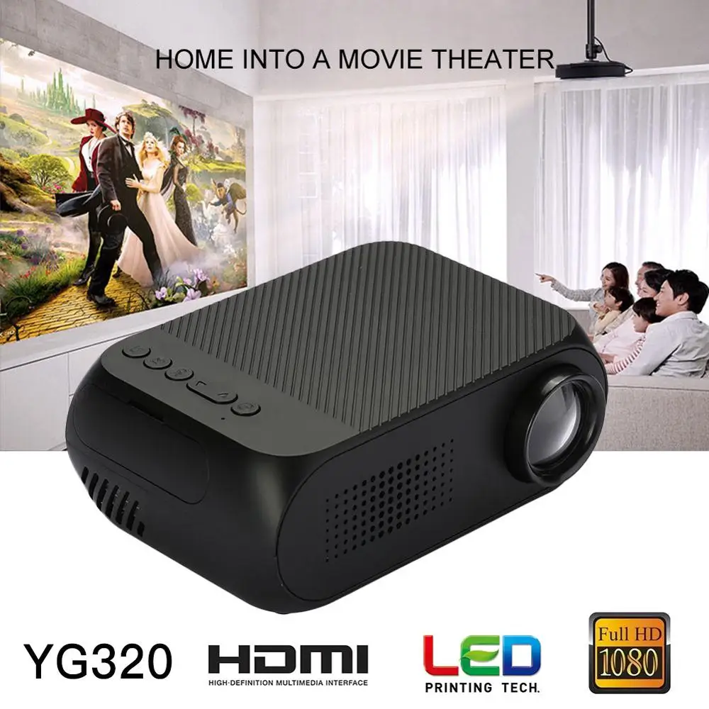 Светодиодный мини проектор YG320 Фокусирующая линза 1080P 3D Визуальный экран 80 дюймов