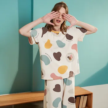 

New Style Fashion Women's Cotton Lovely Pattern Printing Pyjamas Loose Top And Pants 2pics Set Student Girls Home Clothing Suit