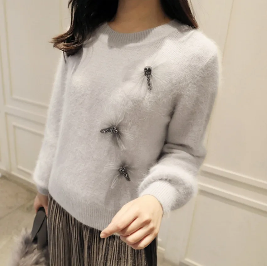 Женский вязаный свитер серый мягкий кашемировый с рукавами-фонариками и