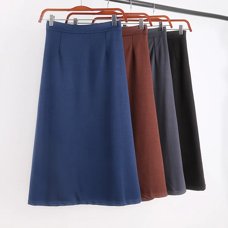 blue black grey coffee elastic flexible high waist midi a line winter skirt for women vintage ladies skirts womens saia saias