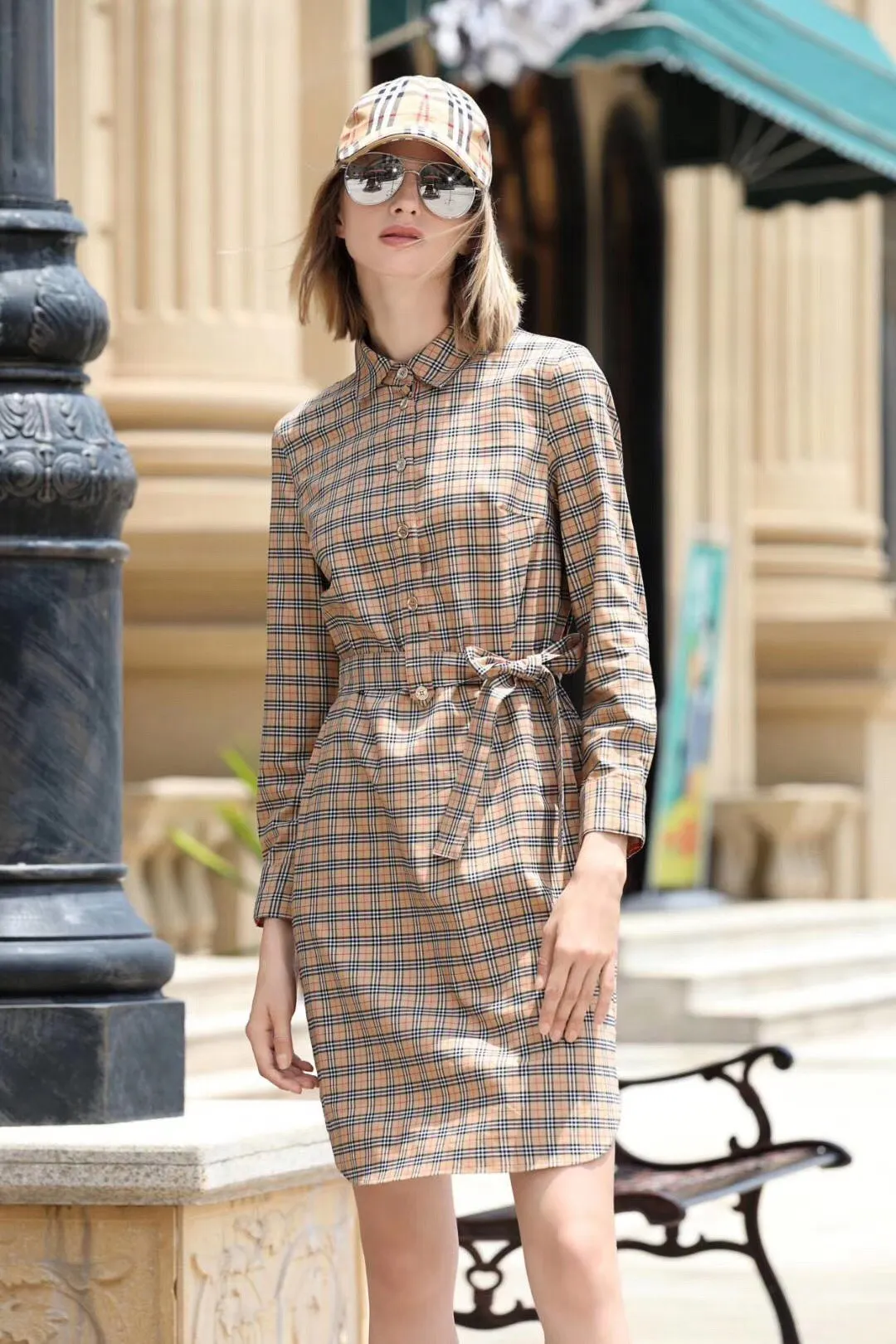 

2019 Spring Classic Long Sleeve Plaid Shirt Dress Women Preppy Style Straight Full Sashes Knee-Length Empire Turn-down Collar