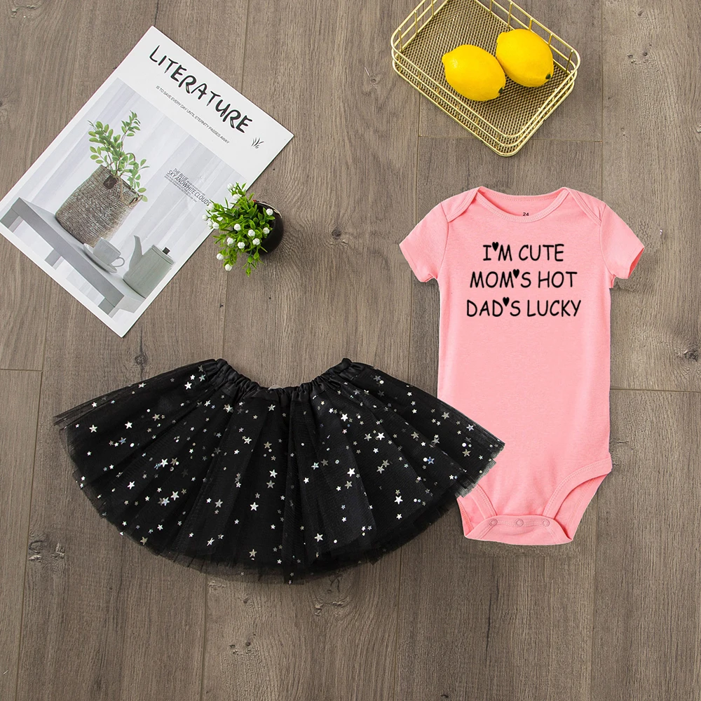 I'm Cute Mom's Горячая и надписью Daddy's Lucky Детские GirlsShort рукав ползунки набор с