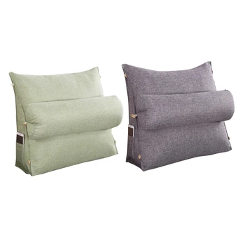 

2Pcs Stereo Wedge Shape Backrest Pillow Waist Cushion Washable Cotton Linen Sofa Cushions Bed Rest - Green & Gray