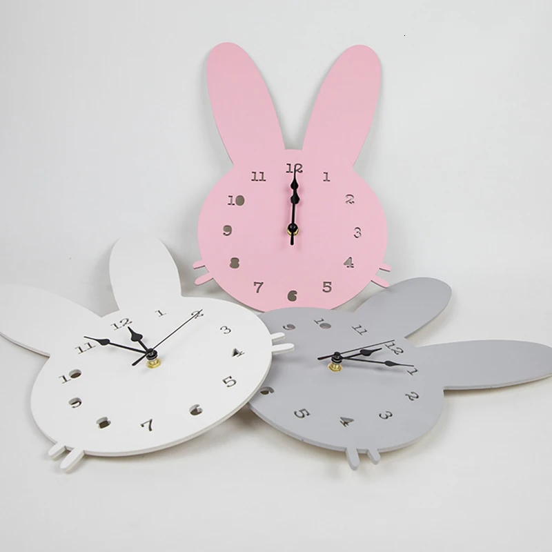 Детская комната деревянные часы с кроликом для маленьких мальчиков и девочек украшения комнаты в скандинавском стиле белый розовый кролик настенные часы декор детской комнаты