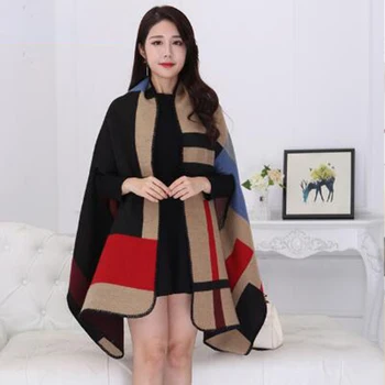 

New Women Shawl Luxury Winter Warm Ponchos Scarf Warmer Shawl Ladies Plaid Blanket Knit Wrap Poncho Capes